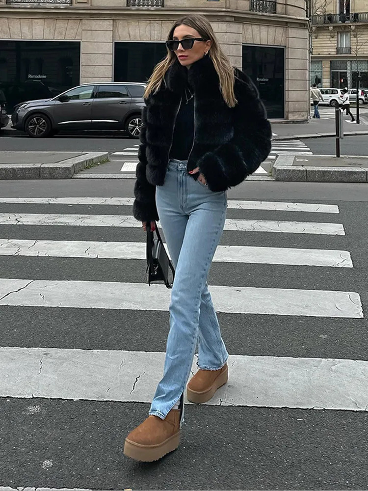 Women Fashion Solid Faux Fur Zipper Warm Coat Chic Stand Collar Long Sleeve Short Jacket 2024 Winter Ladies Thick Outerwear 241107