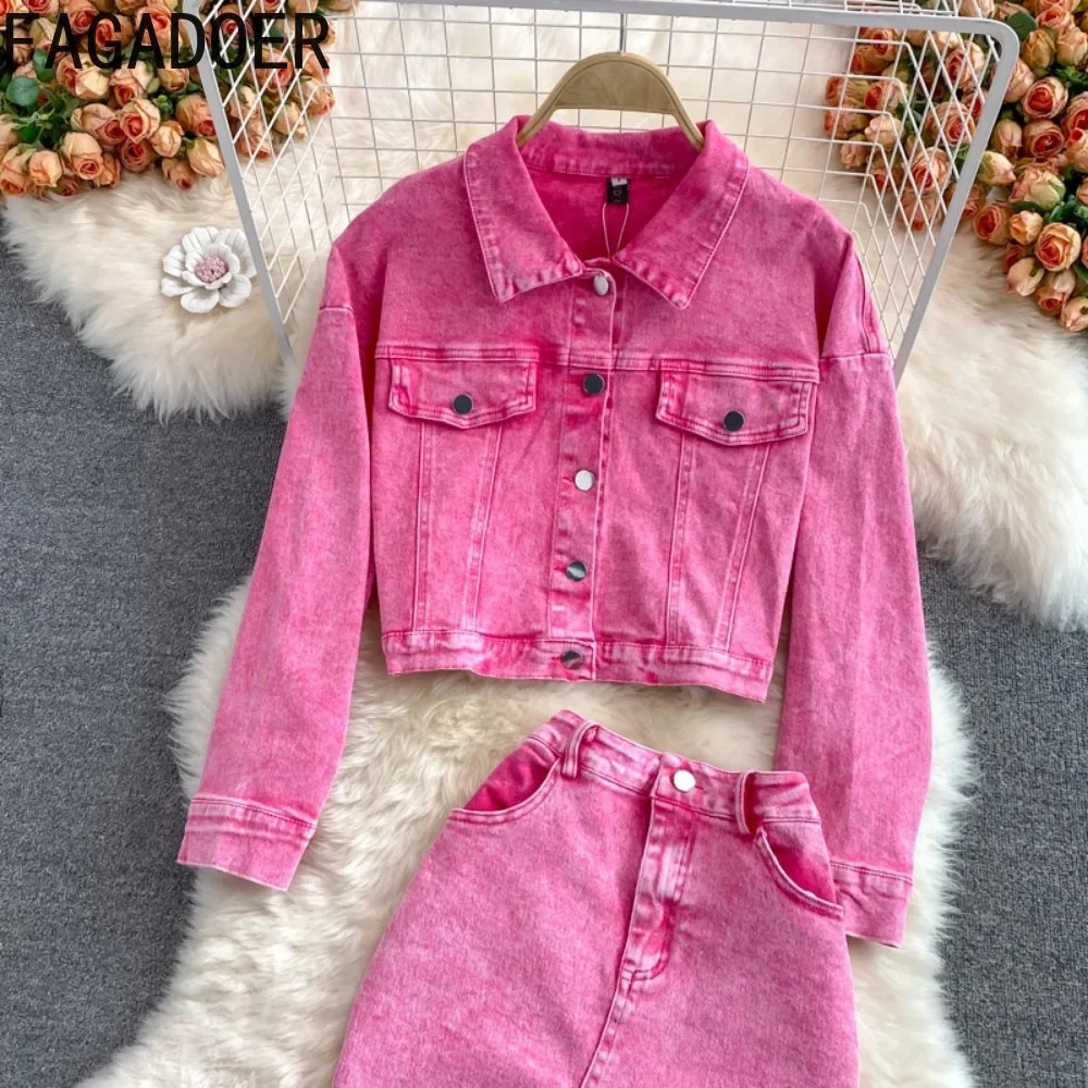 FAGADOER Pink Denim 2 Piece Sets Women Outfit Fashion Lapel Buttons Crop Jacket and High Waist Denim Skirt Suits Y2K Streetwear 241107