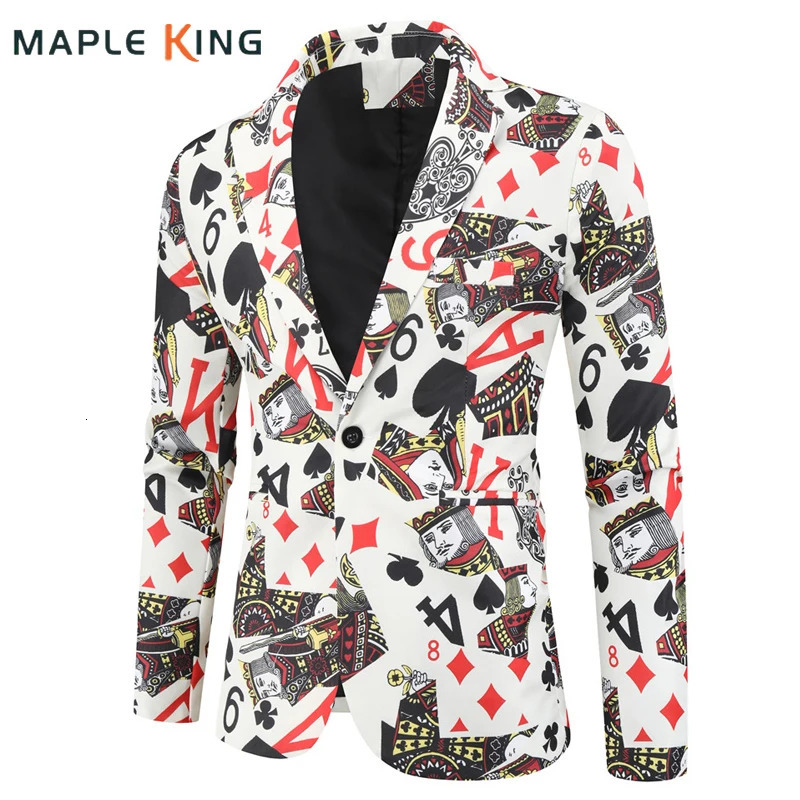 Poker card printing fun mens jacket Korean fashion party ball costume mens retro suit jacket 241106