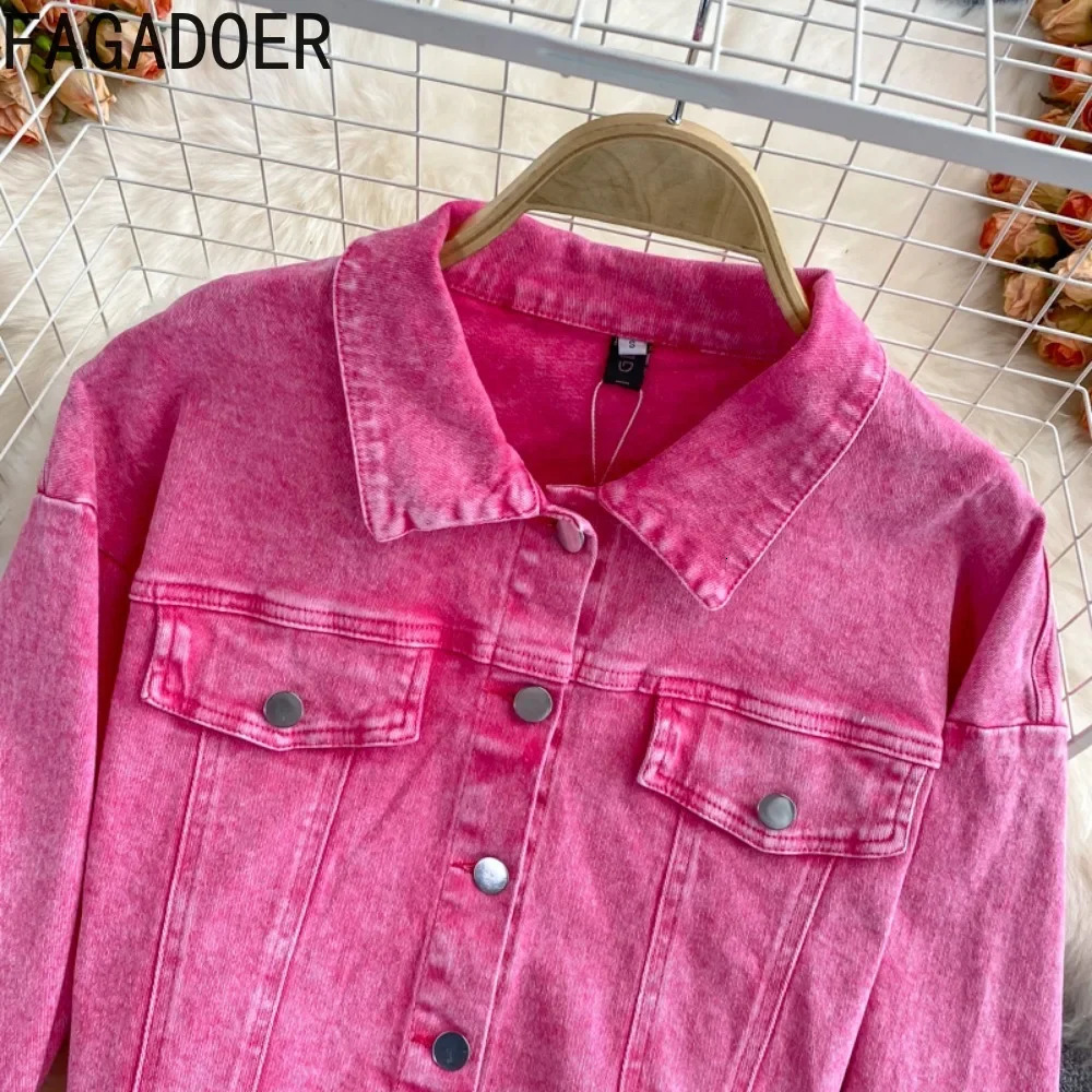 FAGADOER Pink Denim 2 Piece Sets Women Outfit Fashion Lapel Buttons Crop Jacket and High Waist Denim Skirt Suits Y2K Streetwear 241107