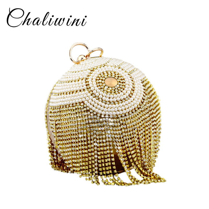 Chaliwini new design silver bowling shape totes bag beaded pearl striped flower ball wristlets tassel women messenger bags