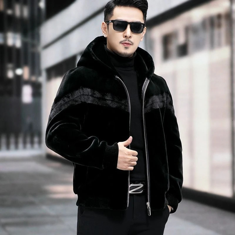 mens autumn and winter fashion faux mink coat mens long sleeved hooded jacket mens faux fur ultra-thin warm jacket I551 241107