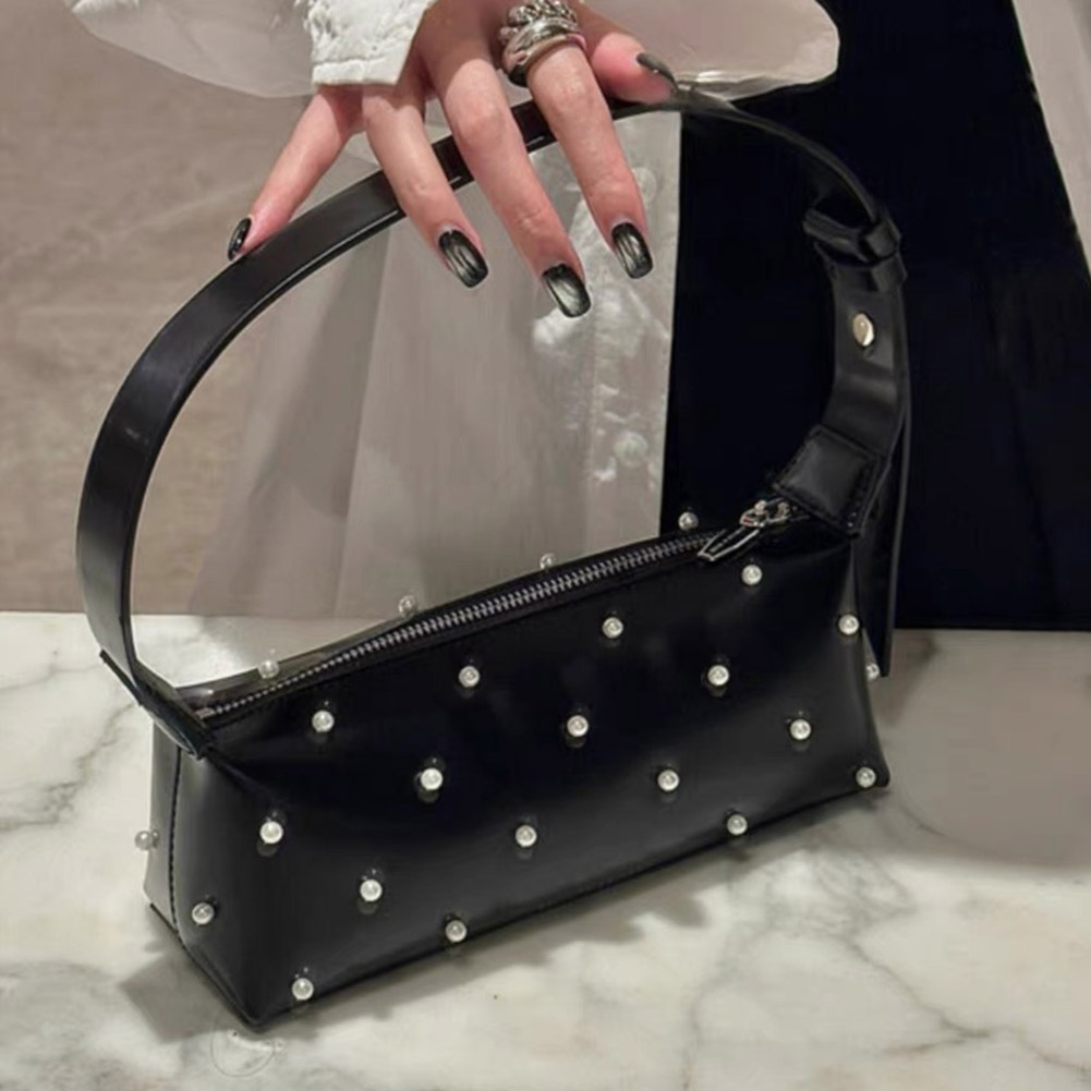 Women Simple Tote Handbag Versatile Adjustable Strap Pearl Armpit Bag PU Leather Underarm Handbag Ladies Commuting Zipper Bag