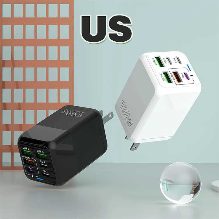 US/EU/UK 6-port mobile phone charger fast charging adapter 150W 4 USB 2 Type C Wall Fast Charger for iPhone Y241106