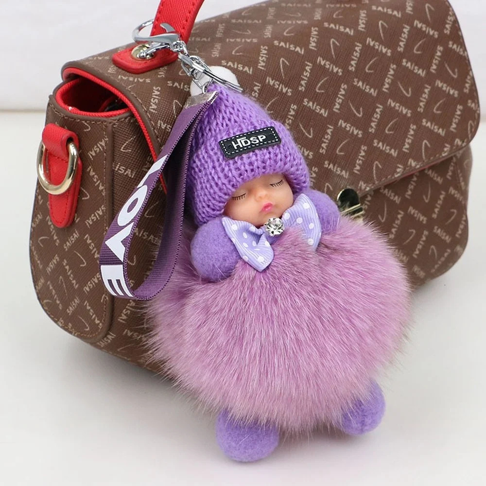 Fox fur fluffy sleeping baby keychain cute fluffy plush doll keychain womens bag keyring car keyring gift decoration 241107