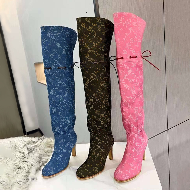 Knee High Designer Boots Over The Knee Boots High Heeled Knee Boots Print Canvas Fashion Shoes Canvas Zipper Laces Shoes 684