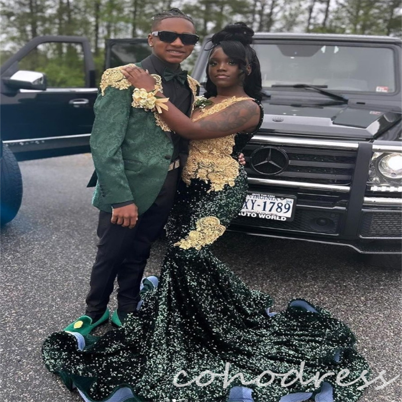 Green And Gold Prom Dresses For Black Girls Sparkle Sequin Mermaid Evening Dress Plus Size African O Neck Floor Length Birthday Dress Special Occason 