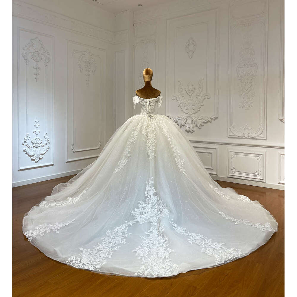 Customized Off The Shoulder Full Lace Applique Ball Gown Wedding Dress