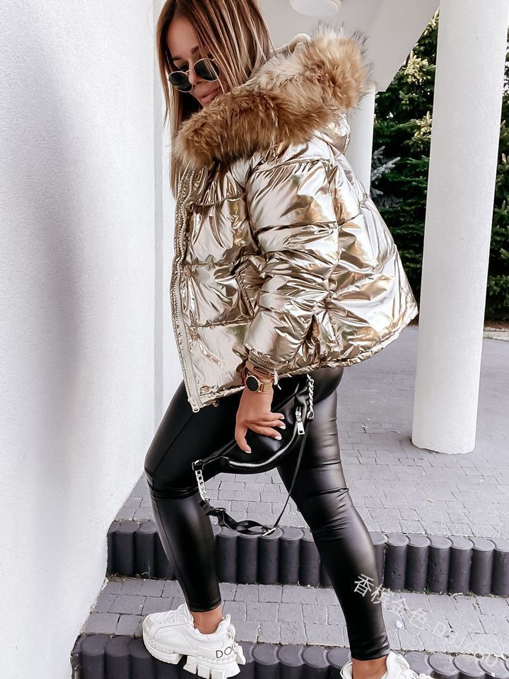 Punk Women Winter Red Down Cotton Jacket Fashion Glossy Black Big Hooded Thick Shiny Loose Big Fur Warm Parkas Lady Coat 201126