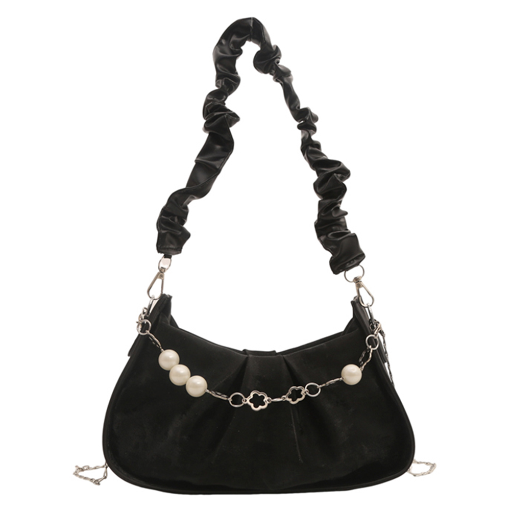 Women Ruched Shoulder Bag with Pearls Pleated Crossbody Bag Detachable Strap Simple Underarm Bag Ladies Leisure Handbag