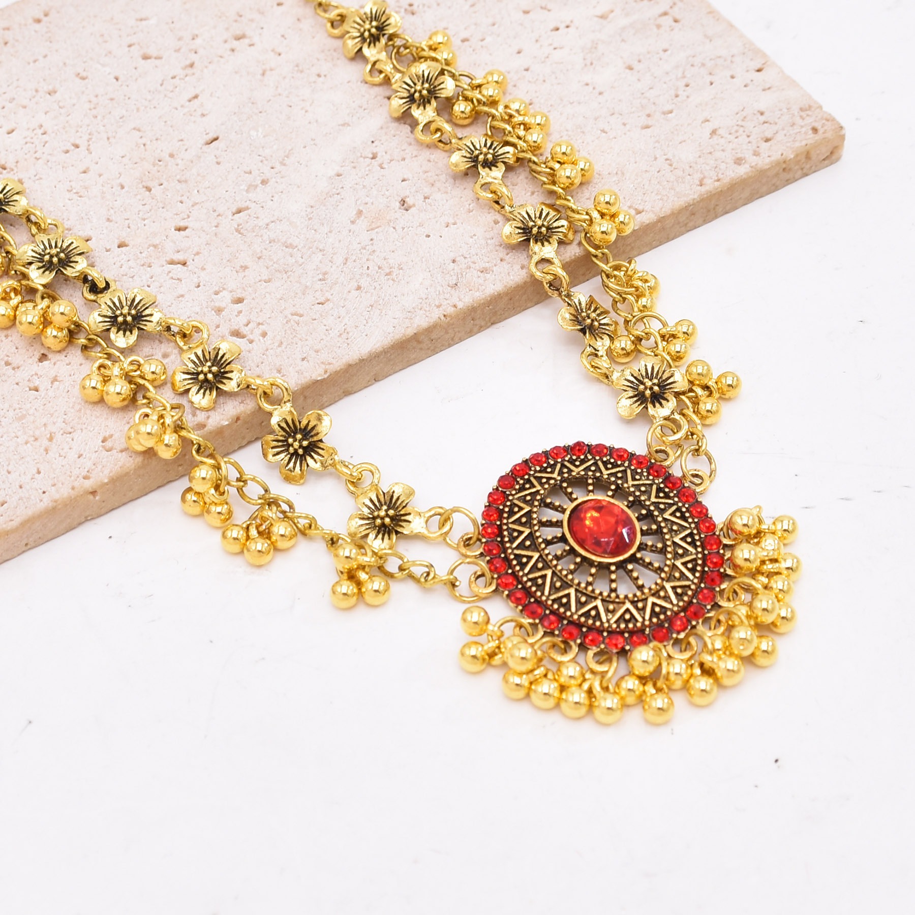 Ethnic Style Retro Oval Gemstone Necklace Women's Dual-use Exotic Style Vintage Diamond Inlaid Flower Bell Tassel Hair Accessory