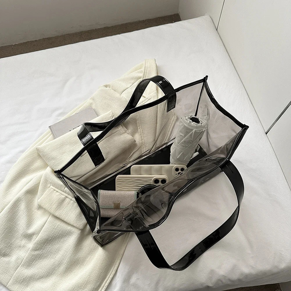 PVC transparent waterproof travel storage bag womens handbag large handbag casual shoulder bag summer beach shopping bag 241107