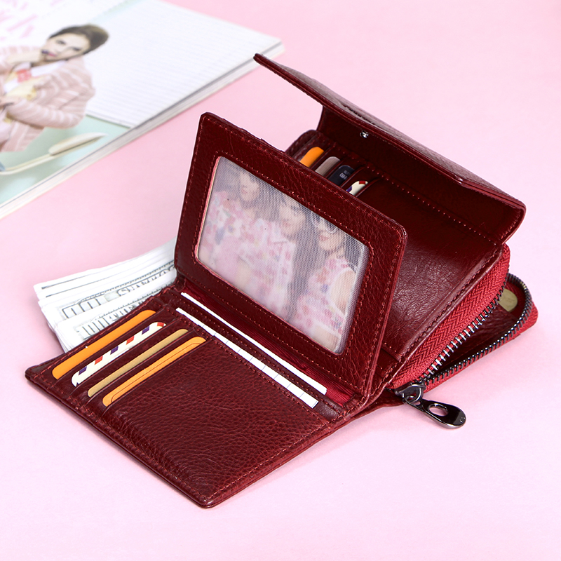 Contact'S 100% Genuine Leather Fashion Women Wallets Trifold Design Money Bag Zipper Small Coin Purse for Girls Card Holder Bags