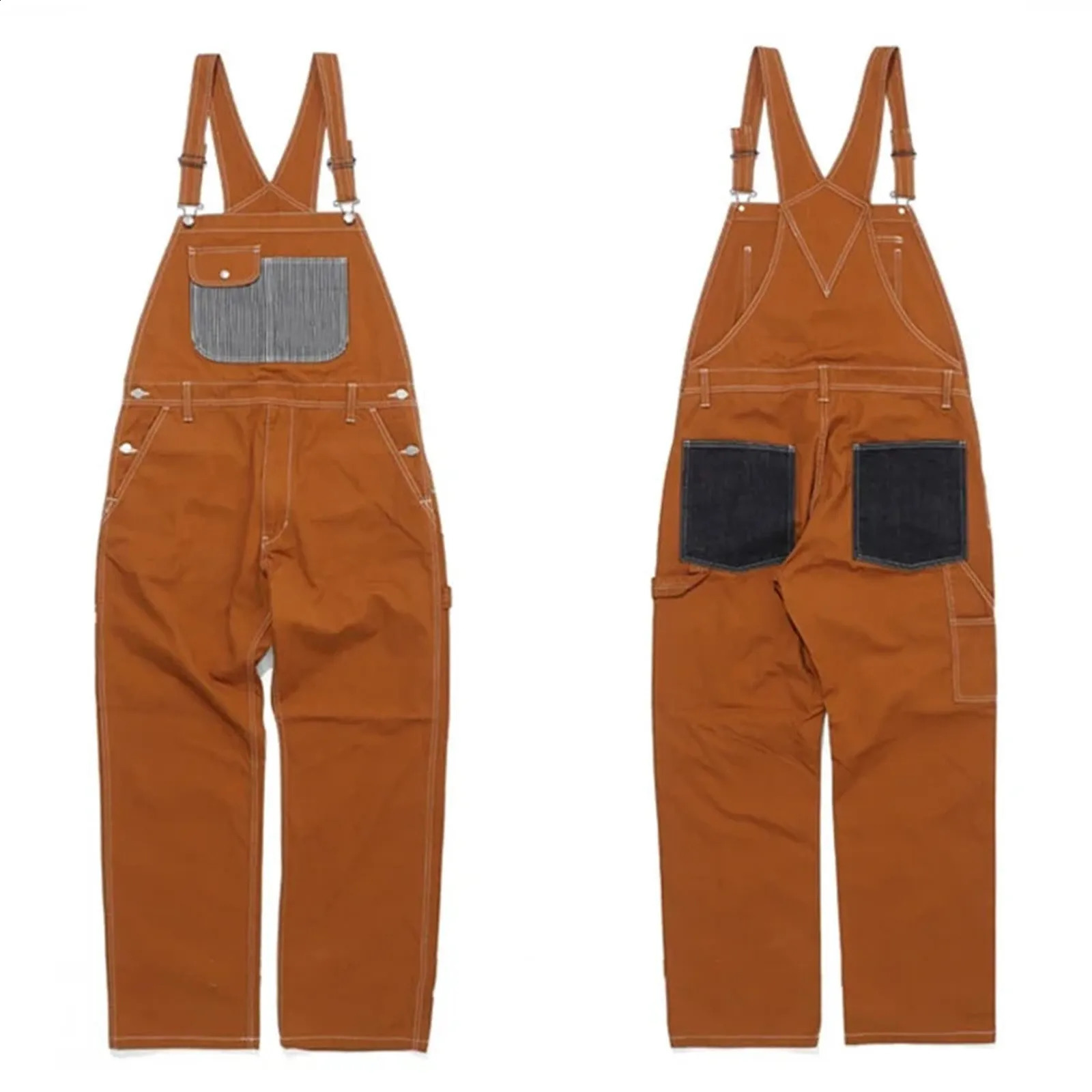Fashion Men Jeans Bib Washed Jumpsuit Plus Size Streetwear Solid Color Pockets Loose Strap Suspenders Workout Pants Cargo 240401