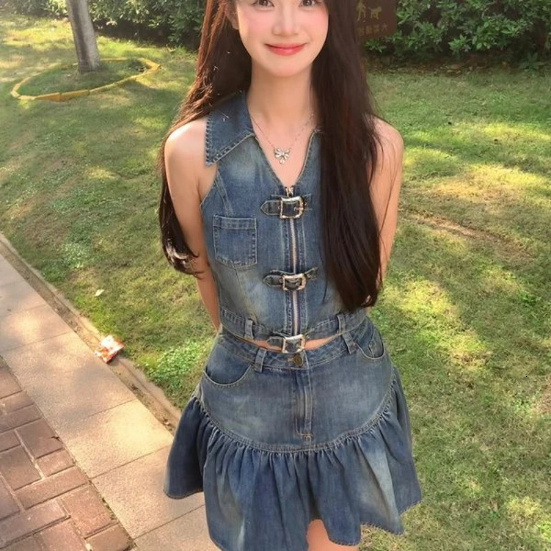 Vintage Y2K Skirts Two Pieces Set Gothic Womens Denim Camisole Vest with Mini A-line Pleated Skirt Suits Summer Outfits 241107