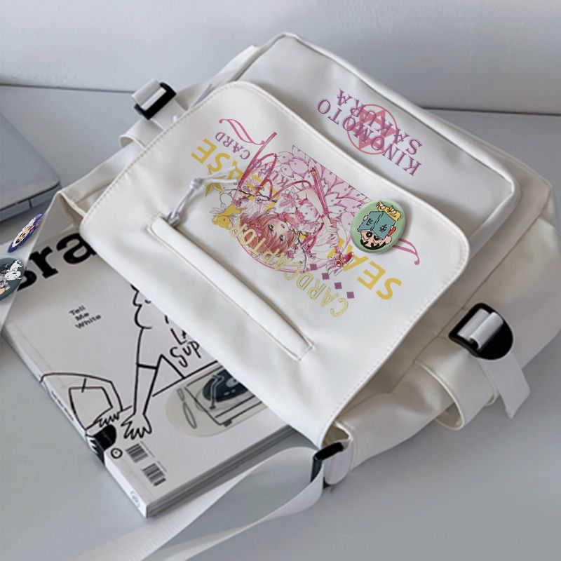Anime Card Captor Sakura Shoulder Bag Black White Messenger Cartoon With Front Zipper Badges Crossbody