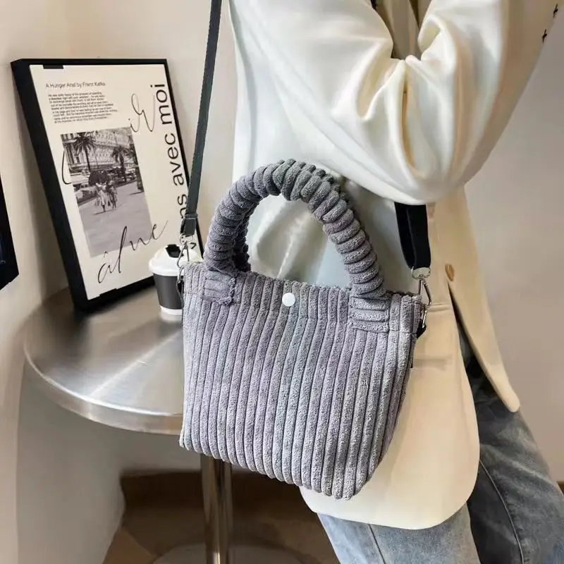 Fashion Corduroy Women's Bag 2023 Trend New Handbags Niche Versatile Bucket Shoulder Bags Female Nylon Button Crossbody Bags
