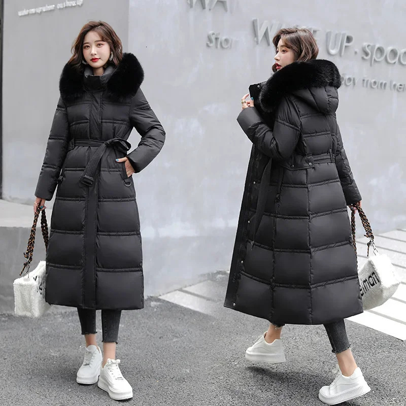 Winter jacket thick hair cultural and moral expression with a longer warmth tied on a cotton padded womens coat 241107