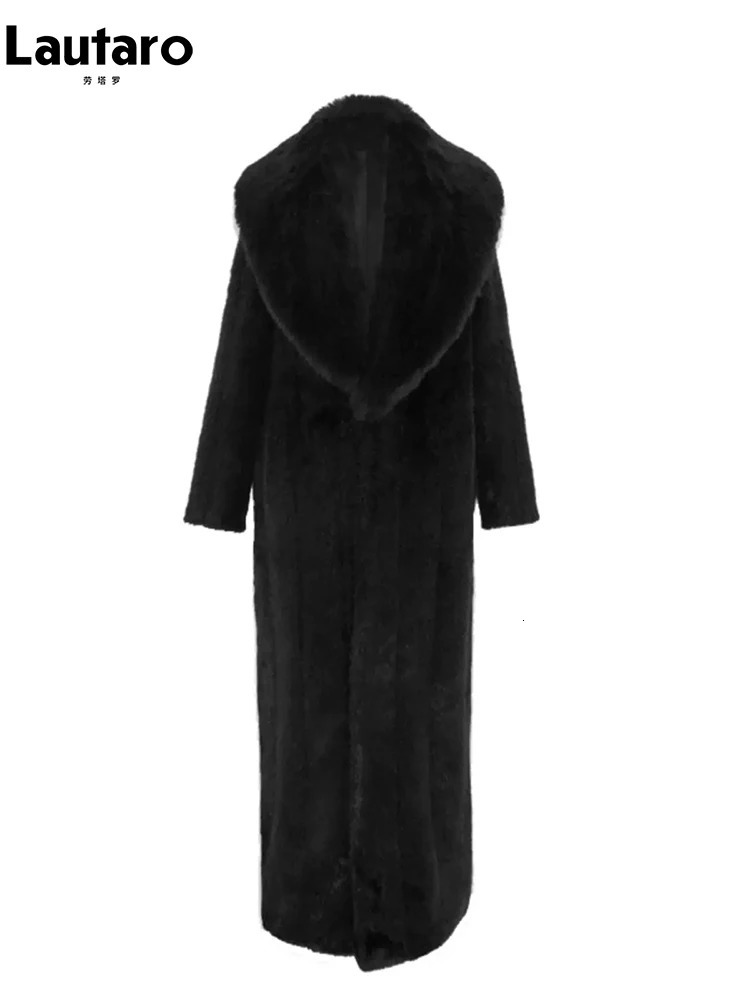 Lautaro Winter Extra Long Warm Thick Fluffy Artificial Mink Coat Womens Shawl Collar Elegant and Unique Loose Casual Fur Coat 241107