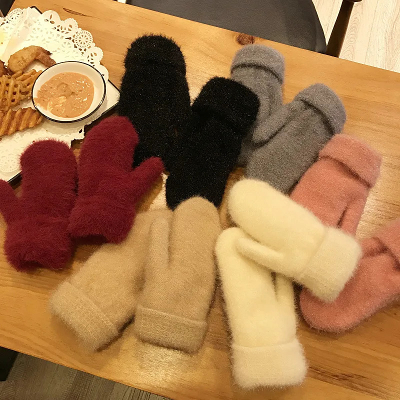 1 pair of winter knitted womens gloves warm and thick with connected fingers womens plush Korean solid full finger cute mink velvet gloves 241107