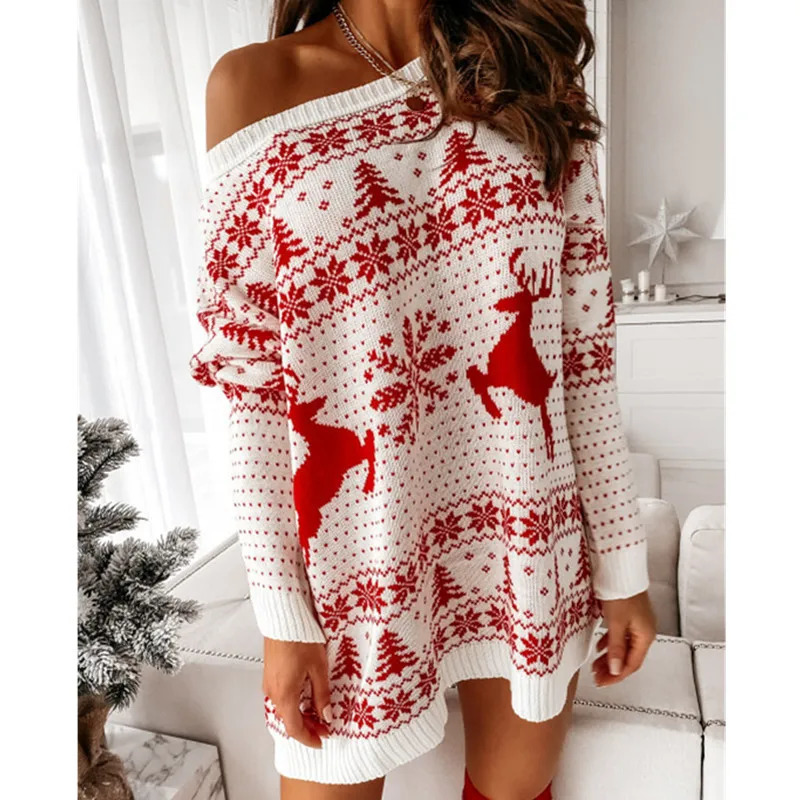 y2k Women Christmas Dress Snowflake Fawn Print Sweater Jacquard Knitted Loose Fit Long Sleeve O-neck Dress Autumn Winter Dresses 241107