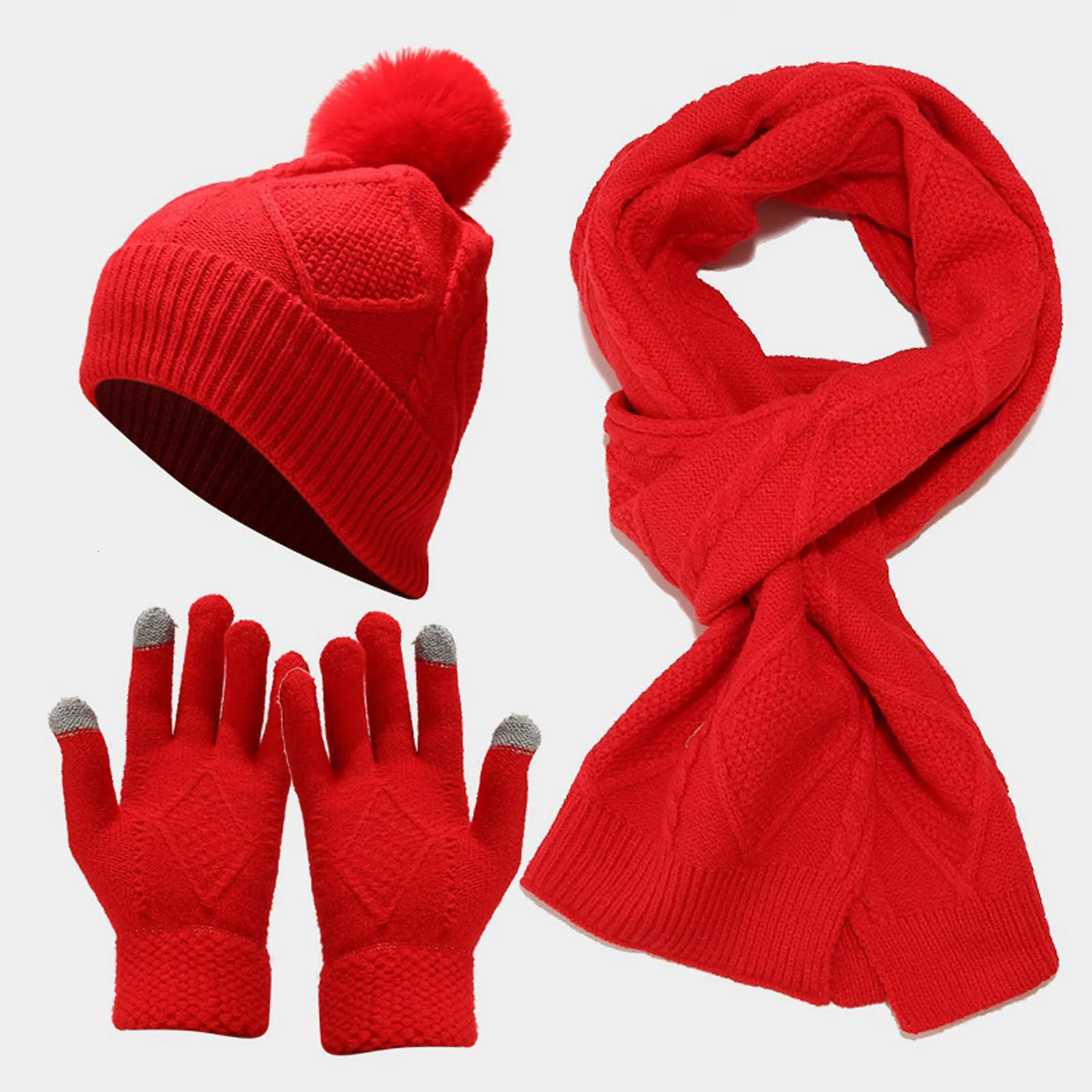 Womens Beanies Hat Scarf Glove Set Winter Warm Knitted Hat Scarf Solid Color Thick Hat Scarf Set Accessories 241107