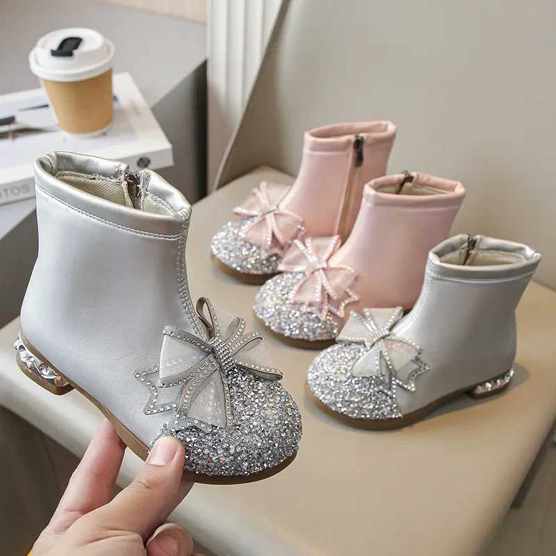 Girls Leather Boots Autumn Winter New Casual Single Boots Princess Fashion Ankle Boots Crystal Rhinestone ButterflyXJ241206