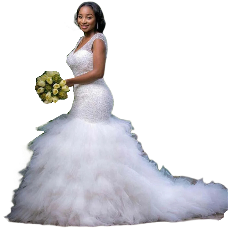 Luxury Beaded Mermaid Wedding Dresses Tiers Tulle Long Bridal Gown V-Neck Chapel Train Gorgeous Plus Size Bride Dress Custom Made
