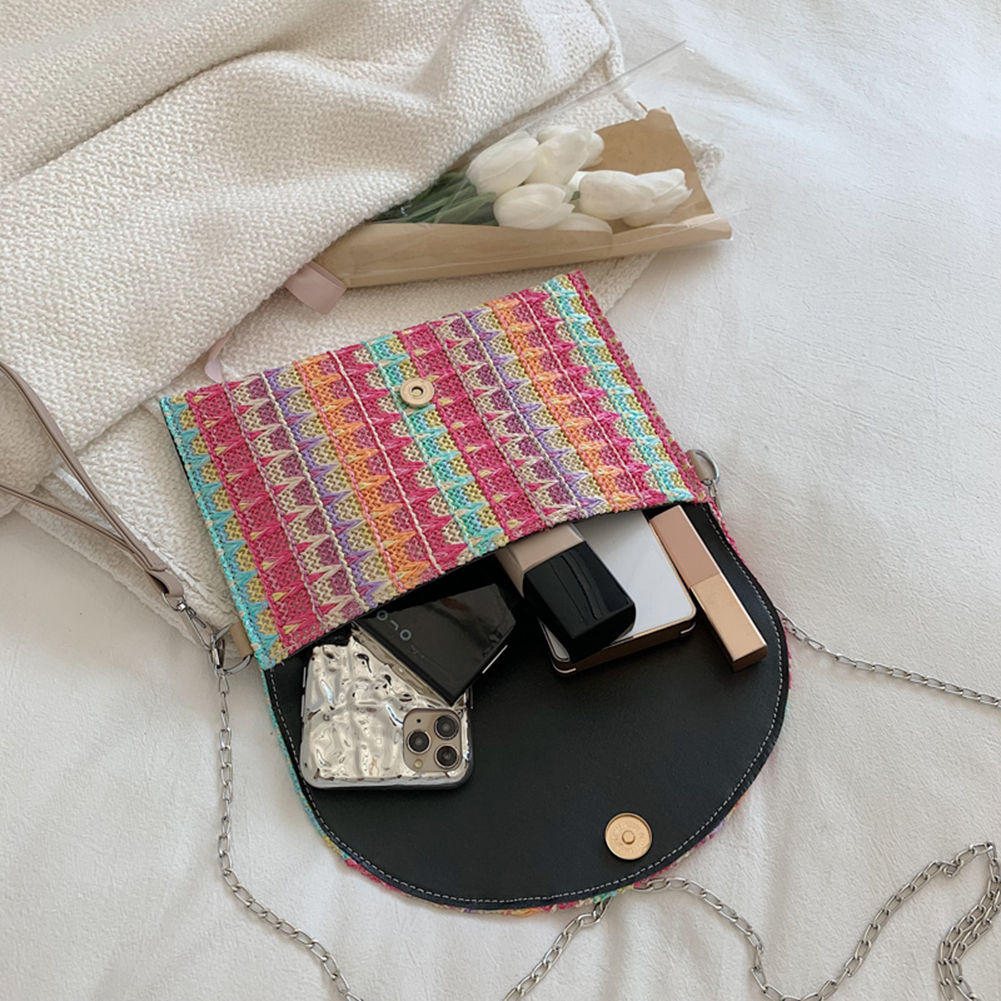 Boho Straw Clutch Purse Chain Colorful Striped Summer Beach Handbag Woven Envelope Wallet Wristlet Handbag for Women