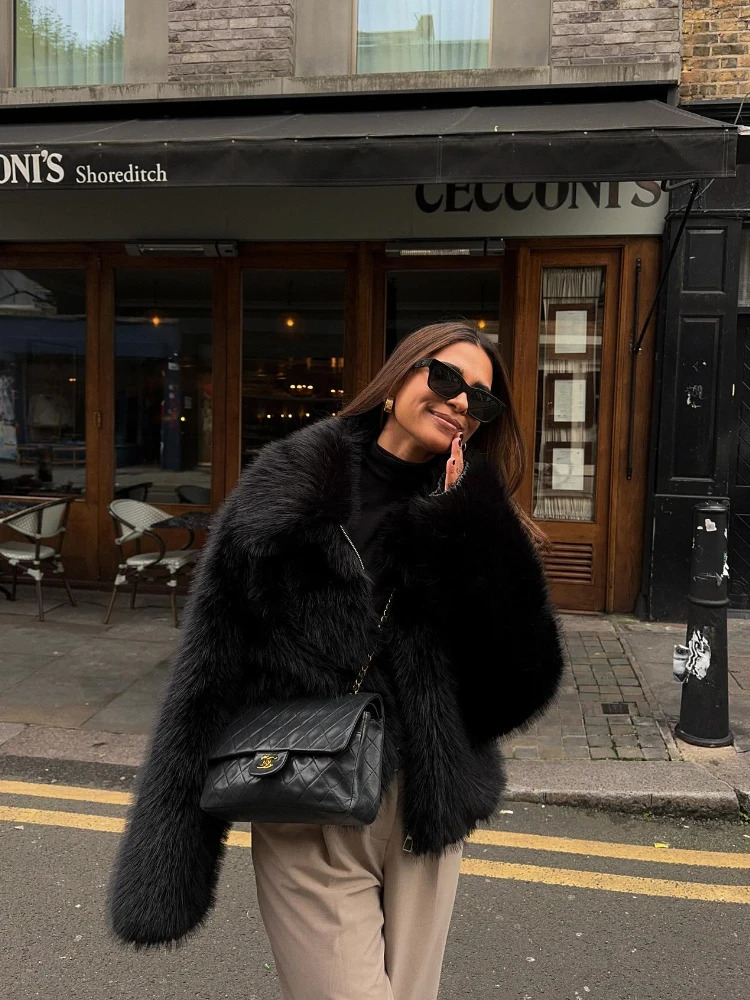 RR2887 Retro Short Faux Fur Bomber Jacket Womens Zipper Closed Fake Fox Fur Winter Coat Womens Faux Raccoon Fur Leather Jacket 241107