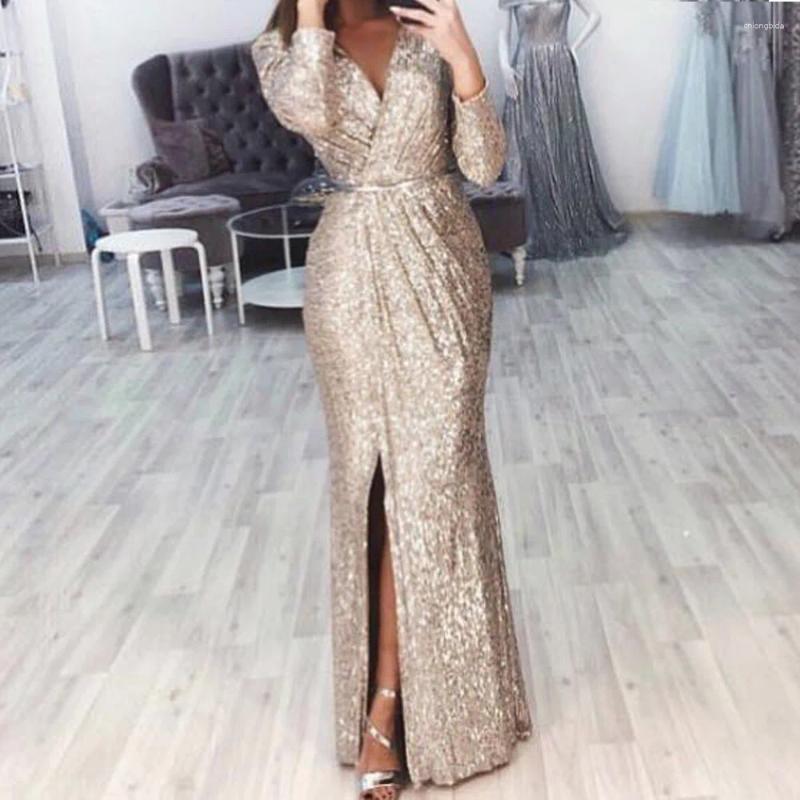 Casual Dresses Europe And The United States Women's Long Dress Evening Gown Deep V-neck Sparkling Sexy Dinner