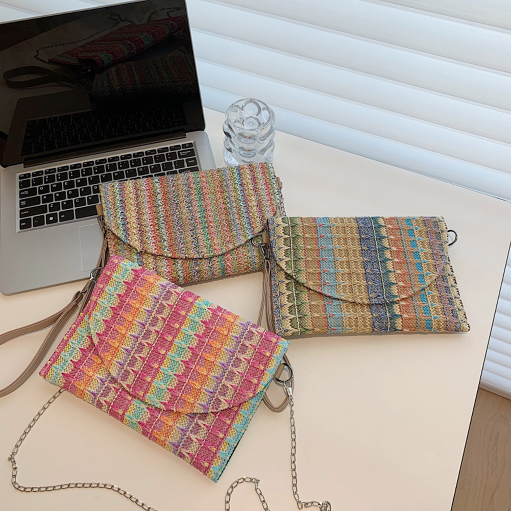Boho Straw Clutch Purse Chain Colorful Striped Summer Beach Handbag Woven Envelope Wallet Wristlet Handbag for Women