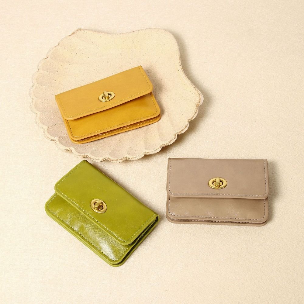 Women's PU Leather Short Wallets Ultra-thin Card Holder Coin Bag Lock Coin Purse Card Holder