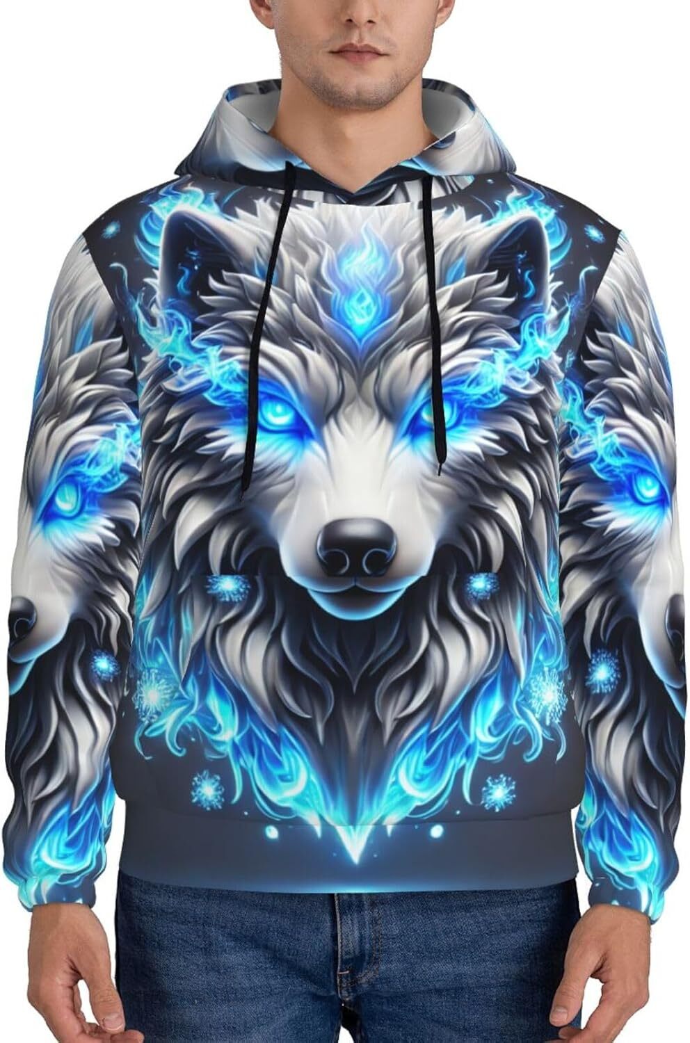 Hoodie for Mens Womens Mens Sweatshirt Fantasy Blue Wolf 3d Face Hoodie Sport Hip Hop Hooded Pullover Tops Graphic Cool blue pattern