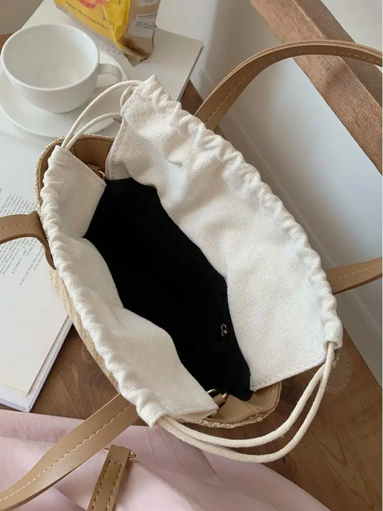 2023 Women's Leisure Grass Woven Handbag Drawstring Bucket One Shoulder Crossbody Bag Women's Travel Bohemian Vacation Beach Bag
