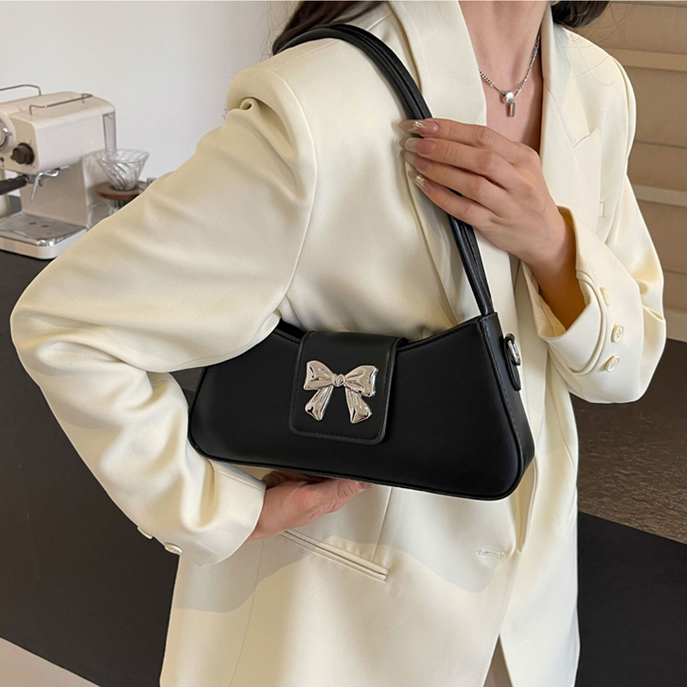 Women Small Commuting Bag Large Capacity PU Bow Underarm Bag Simple Armpit Bag Solid Color Adjustable Strap for Outdoor Travel