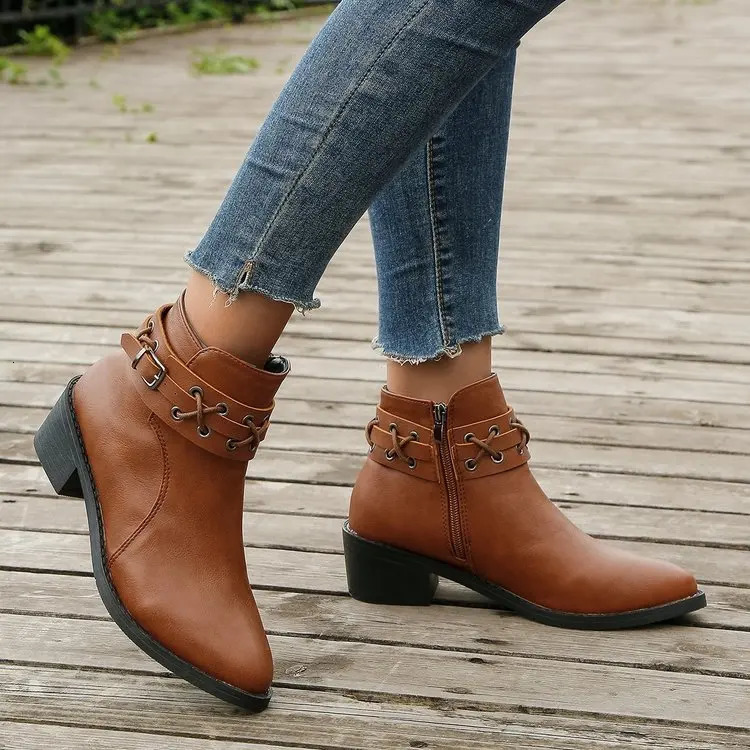 Womens Ankle Boots Autumn/Winter Pu Leather Short Boots Womens Side Zipper Thick Heel Riveted Leather Boots Womens Size 2024 241106