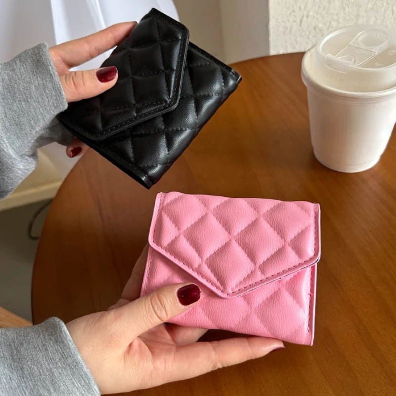 New Short Fashion Rhombus Embroidered PU Wallet Purse for Women Large Capacity Multi-card Slot Bags Case