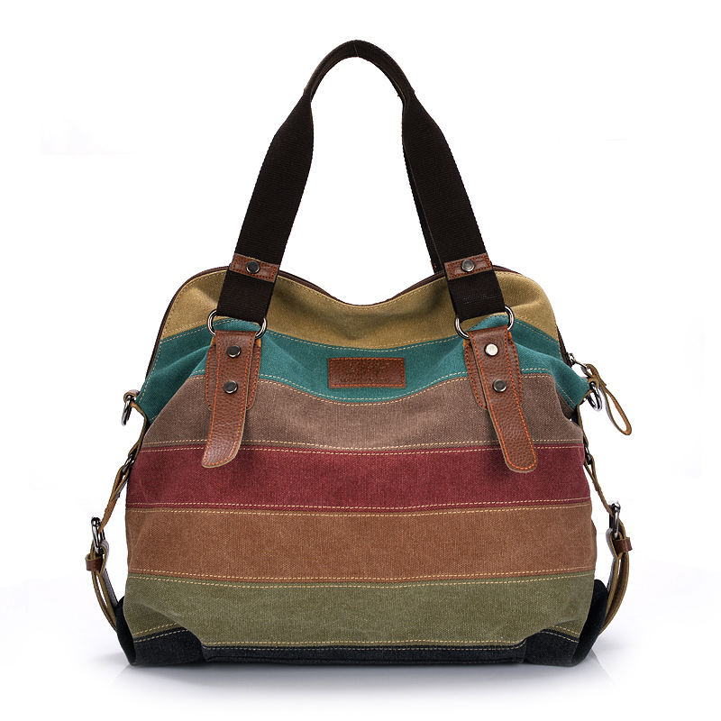 Canvas Totes Striped Womens Handbag 2021 Patchwork Rainbow Shoulder Bag Fashion Female Casual Crossbody Bag Sac A Main