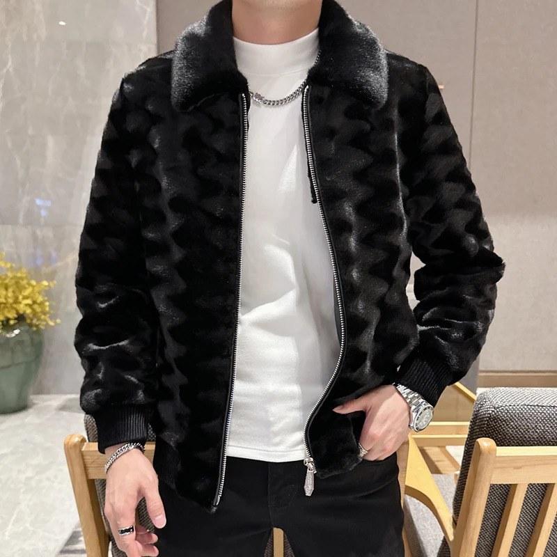Winter high-quality mink coat mens fashionable polo collar thick leather coat casual plus size solid color coat 241107