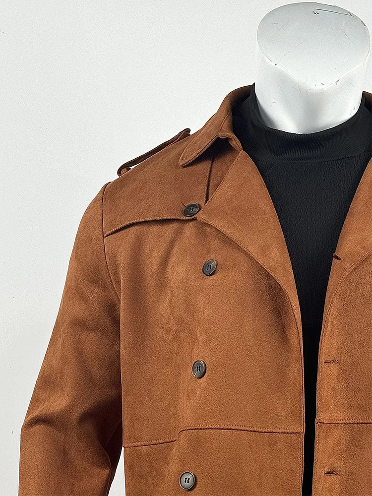 2024 Outdoor Male Double Breasted Suede Jackets Winter Fashion Notch Collar Straight Long Coats Mens Casual Long Sleeve Outwear 241107