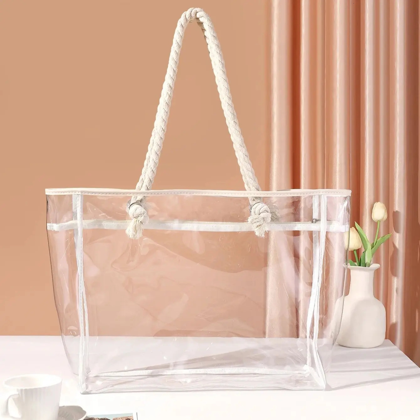 PVC large capacity handbag womens shoulder bag waterproof and spray proof storage bag organizer transparent bag 241107