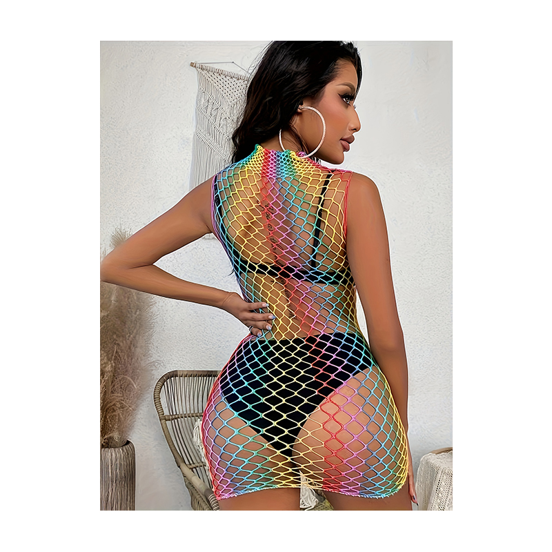 Vibrant Color Block Mesh Jumpsuit with Sheer Cutouts - Stylish & Sexy Evening Wear