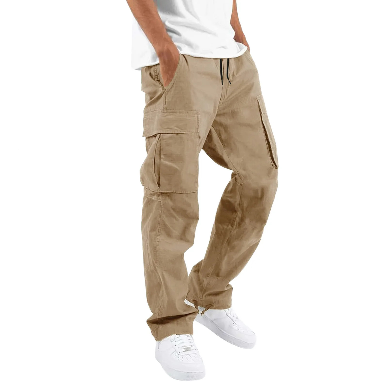 Mens Cargo Pants Trouser Full Length Solid Color Loose Multi Pocket Drawstring Pocket Mens Cargo Pants 3XL 241106