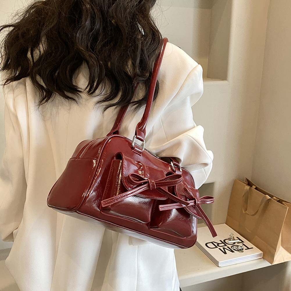 Shoulder Bags for Women 2024 PU Leather Double Pockets Design Female Sliver Red Underarm Bag with Bow Lady Handbags and Purses