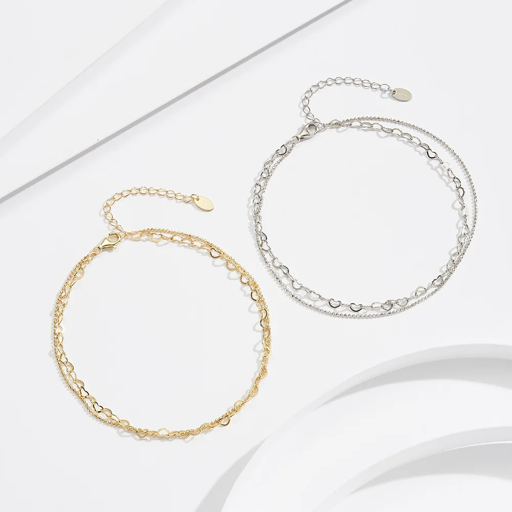 100% 925 sterling silver heart-shaped anklet suitable for women double-layer beads hollow jewelry party gift direct 241107