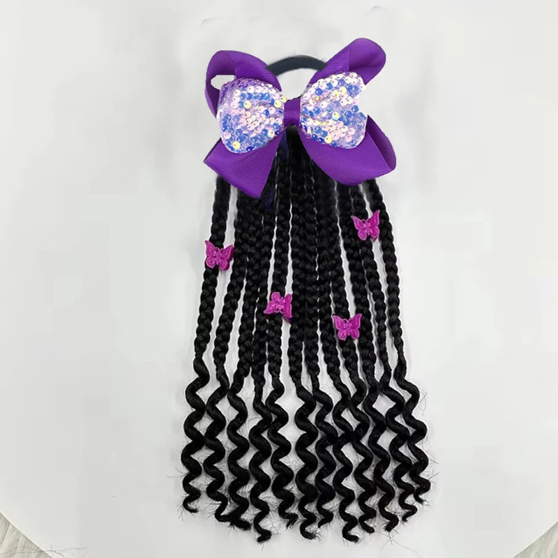 2 Packs Kids Ponytail Braids Hair ExtensionWith Curly Ends Detachable Synthetic Hairpieces With Bows Protective 241107