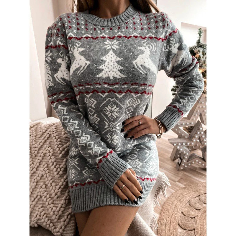 Women Christmas Jacquard Knitted Dress Loose Fit Long Sleeve O-neck Sweater Dress for Autumn Winter 241107