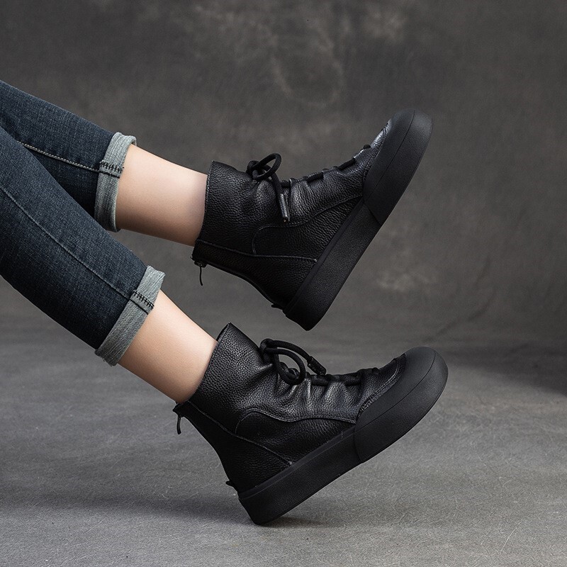 Johnature Handmade Retro Short Boots 2024 Autumn/Winter New Thick Soled Versatile Commuting Comfortable Women's Flat Shoes