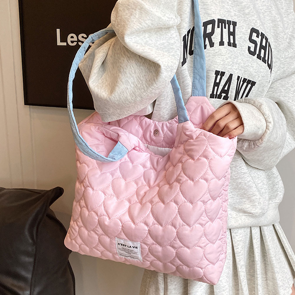 Contrast Color Heart Satchel Purse Quilted Fashion Handbag Large Capacity Casual Shoulder Purse Underarm Bag for Women and Girls